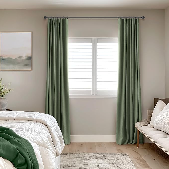 INOVADAY 100% Blackout Curtains for Bedroom, Moss Green Black Out Curtains 108 Inch Long, Clip Rings Linen Blackout Drapes, Thermal Insulated Room Darkening for Living Room, 2 Panels - W50xL108