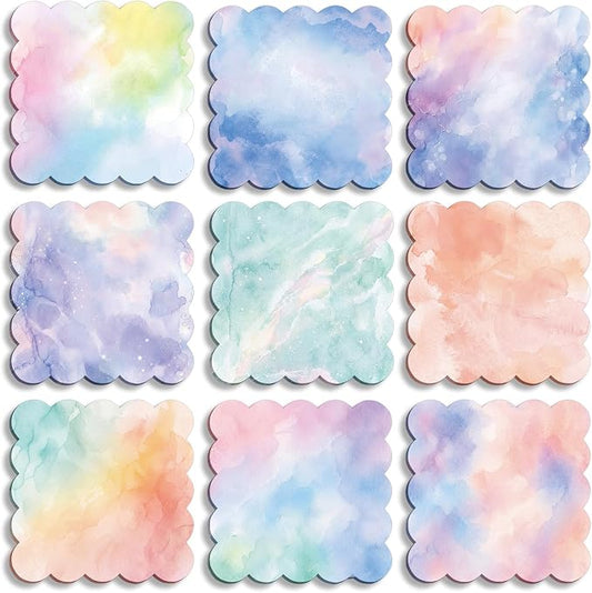 9 Pcs Scalloped Aesthetic Sticky Notes 3x3 Inch Vintage Colors Cute Wavy Self Sticky Note Pads Memo Pads for Journal School Office Supplies Decoupage Craft Stationery Gift(Watercolor)