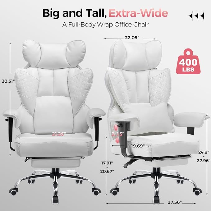 GTPLAYER Big and Tall Gaming Chair 400lbs Heavy Duty Office Chair with Foot Rest & Ergonomic Pocket Spring Lumbar Support, High Back 3D Saddle Shaped Cushion for Back Pain Relief, White