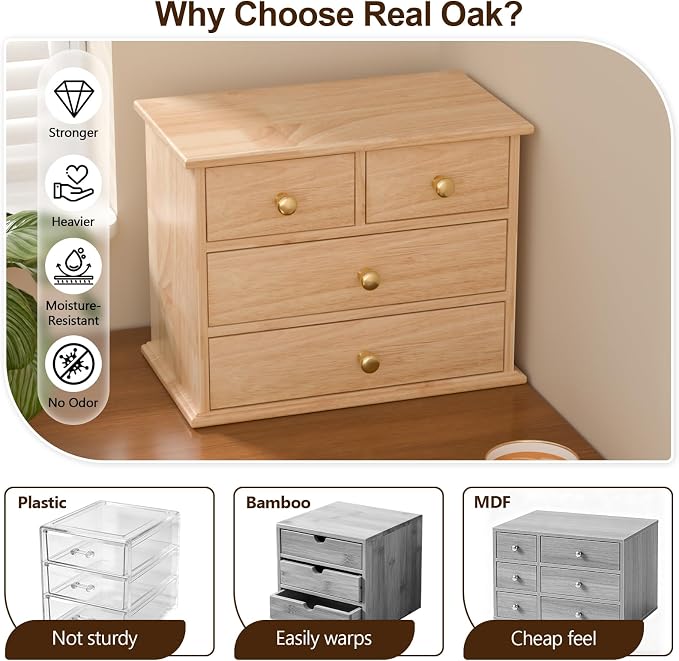 Oak Desk Organizer with Drawers, Durable Wooden Desktop Storage Box | 4 Drawer Tabletop Organizer with Metal Handles & Non-Slip Pads for Office, Bedroom, Bathroom, Vanity, Makeup Storage, Natural