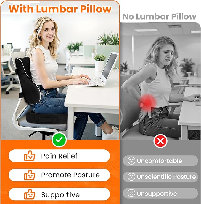 CloudBliss Lumbar Support Pillow, Memory Foam for Office Chair, Black | Ergonomic High-Density Memory Foam, Adjustable Straps, Washable Mesh Cover, Lower Back Support for Office, Gaming & Car Seat