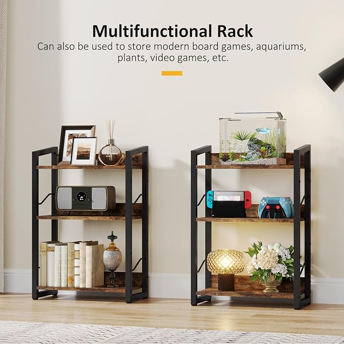 Hosfais 3-Tier Small Bookshelf Bookcase with Edge Protection | Wood Book Shelf Industrial Bookshelf Metal Narrow Bookcase Storage Organizer Display Rack for Bedroom Home Office (Brown)