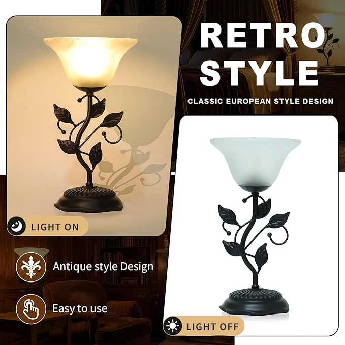 Vintage Table Lamp, Metal Leaf Black Base Decor Lamp, 7.28×7.28×14.29 inch LED Floral Desk Light, With frosted Glass Shade, One-Button Switch for Bedroom, Living Room, Nightstand, LED Bulb Included