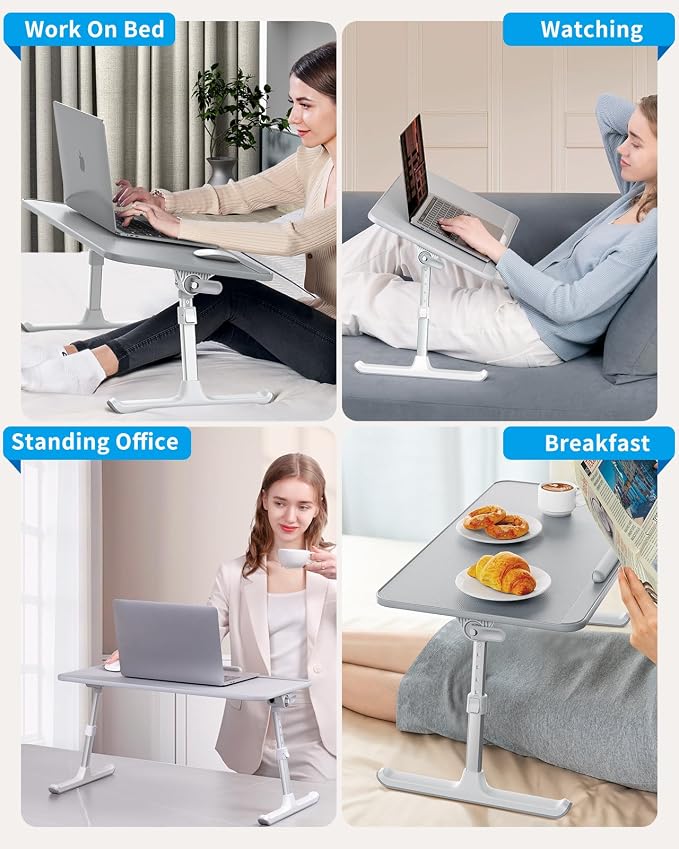SAIJI Leather Lap Desk Laptop Bed Tray Table, Adjustable Laptop Stand for Bed, Portable Lightweight Standing Desk for Writing Eating Reading Couch Sofa Floor for Adults Kids (20.5"*11.8",Gray)