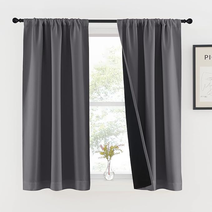 NICETOWN 100% Blackout Kitchen Curtains 54 inches Long, Double-Deck Completely Blackout Window Treatment Thermal Insulated Lined Rod Pocket Drapes for Infant (Grey, 1 Pair, 37 inches Width Each Panel)