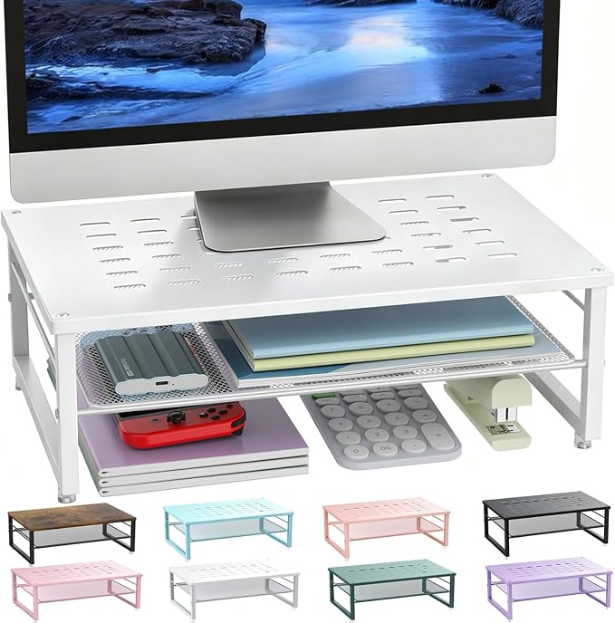 gianotter 2-Tier Metal Monitor Stand Riser, Desk Accessories & Workspace Desk Organizers, Office Desk Storage Organizer for Office Supplies (White)