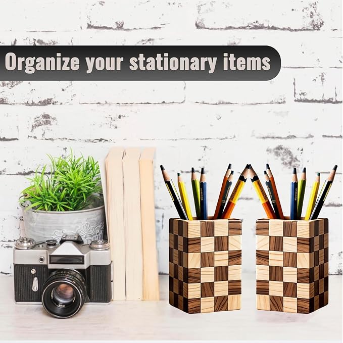 Wooden Pen Holder for Desk, 2 Pack Natural Wood Pencil Cup Holder – Office Desk Accessories Organizer, Makeup Brush Holder, Kids Crayon Marker Caddy, Eco-Friendly (2 Pack Mosaic Pattern)