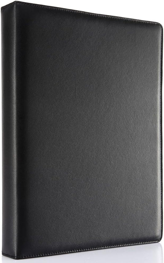 KINGFOM A4 Faux Leather Padfolio Ring Binder Business File Folder Document Holder with Card Holder (3 Ring Binder Black)