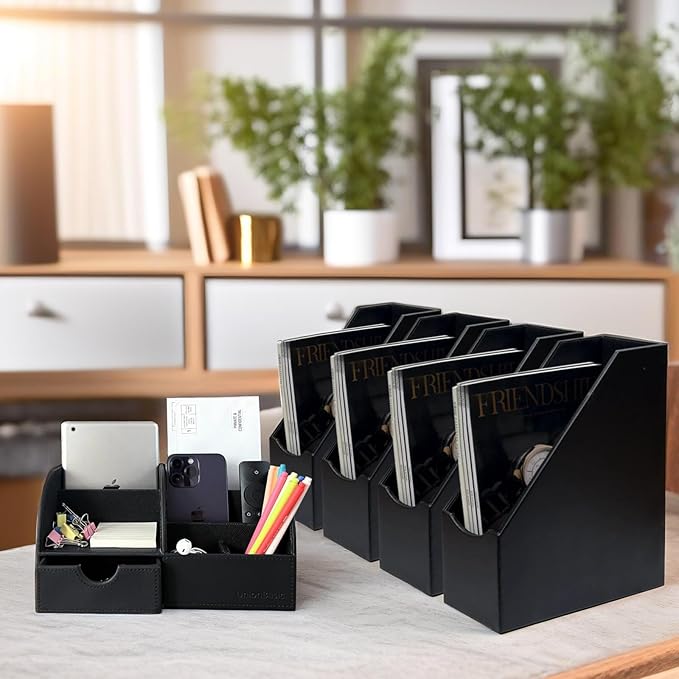 UnionBasic Magazine File Holder, Leatherette Desktop Document Organizer, Home Office Paper Holder File Storage Literature Sorter, Black, Set of 4