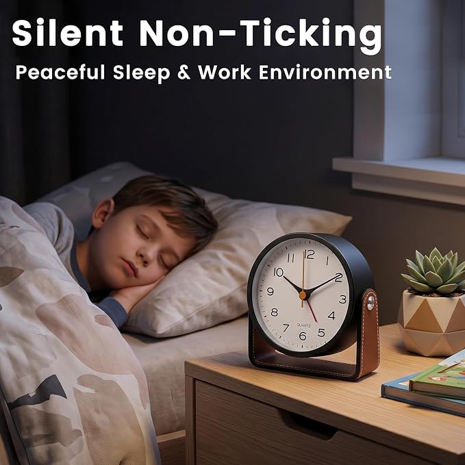 Analog Alarm Clock - 4.5" Silent Non Ticking Small Clock with Light, Rotatable Stand Metal Desk Clock Battery Operated, Simple Design for Living Room Decor/ Bedroom/Bedside/Shelf (Black & Brown)