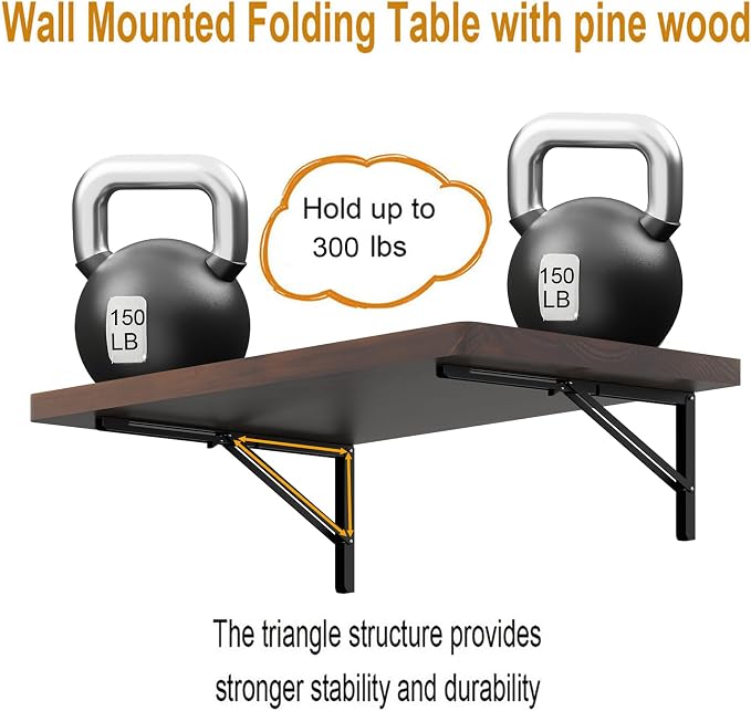 IAE Floating Wall Mounted Folding Table Desk with Pine Wood,36"x22" Folding Workbench,Fold Down wall Mounted Foldable Table with Shelf Brackets,Laundry Folding Table for Apartment,Home,Kitchen,Walnut
