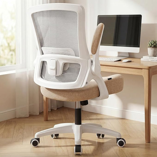 NEO CHAIR Office Desk Gaming Chair Computer High Back Mesh Seat with Rolling Wheels Ergonomic Adjustable Comfy Flip-up Armrests Lumbar Support Height for Home (Beige)
