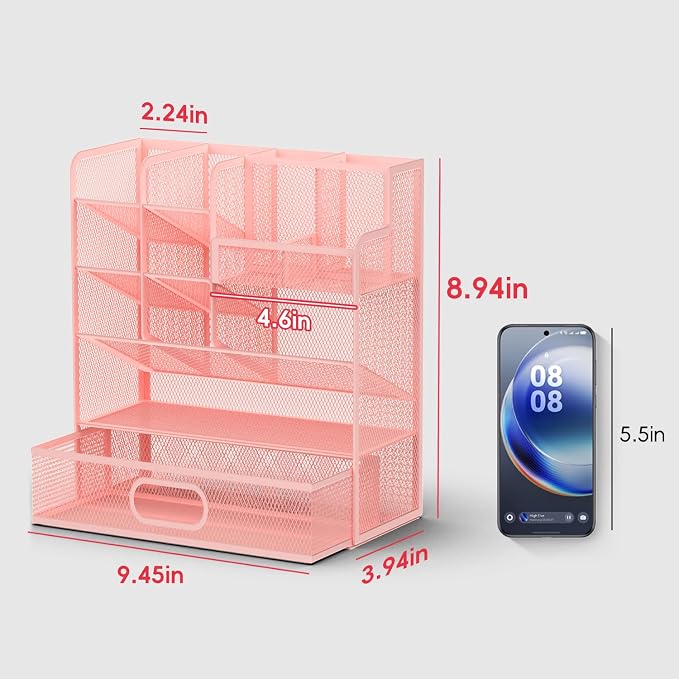 Mesh Pen Organizer for Desk, 13 Compartments with Drawer, Pink | Metal mesh pencil holder and desk organizer with tilted slots for easy access to stationery at home, school or office