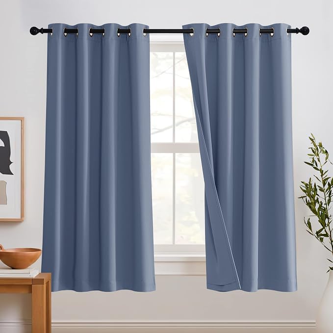 RYB HOME 3-in-1 Soundproof - Blackout - Thermal Insulated Living Room Curtains, Inside Detachable Felt Liner for Noise Reduce/Draft Block/Totally Room Darkening, Stone Blue, W52 x L63 in, 1 Pair
