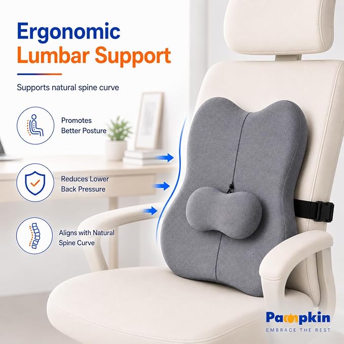 Pampkin Ergonomic Lumbar Support Pillow with Adjustable Strap | High-Density Memory Foam Back Cushion for Office Chair & Car | Back Pain Relief & Posture Support
