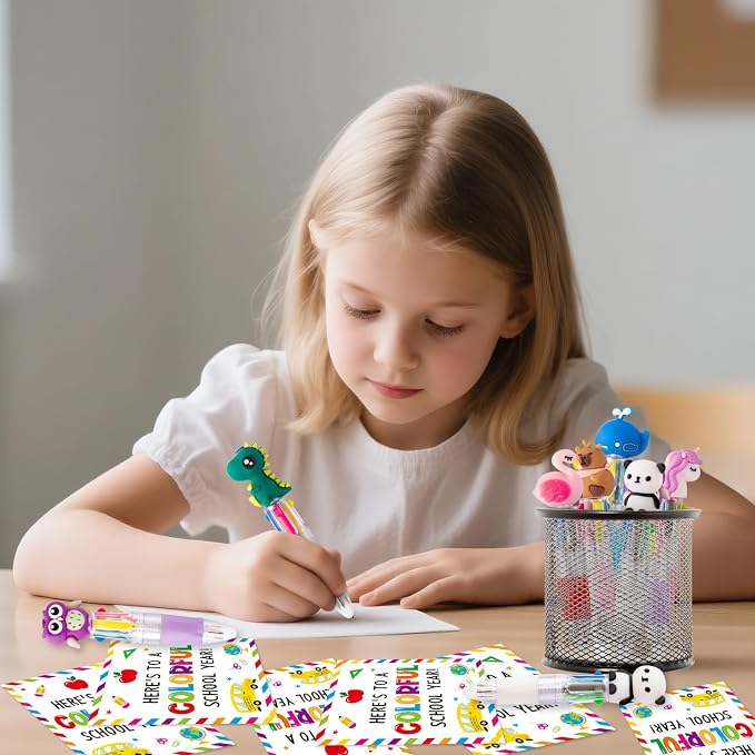 ANGOLIO Back to School Gifts 28 Sets Cute Animals 4 in 1 Multicolor Retractable Ballpoint Pens with Greeting Cards for Students Kids Classroom Office Home Rewards First Day of School Party Supplies