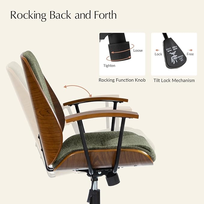 HULALA HOME Solid Wood Office Chair with Tilt Function & Metal Base, Green | Mid Century Modern Desk Chair with Bent Wood Frame, 360° Swivel Fabric Computer Task Chair, Height Adjustable
