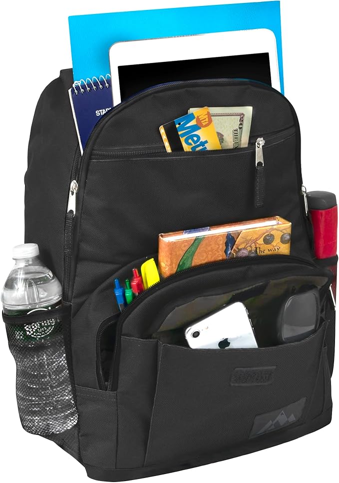 Trail maker Laptop Backpack with School Supplies Kit | 18 Inch Black Multi Pocket Padded Straps, Side Pockets for School Boys, Girls, Travel