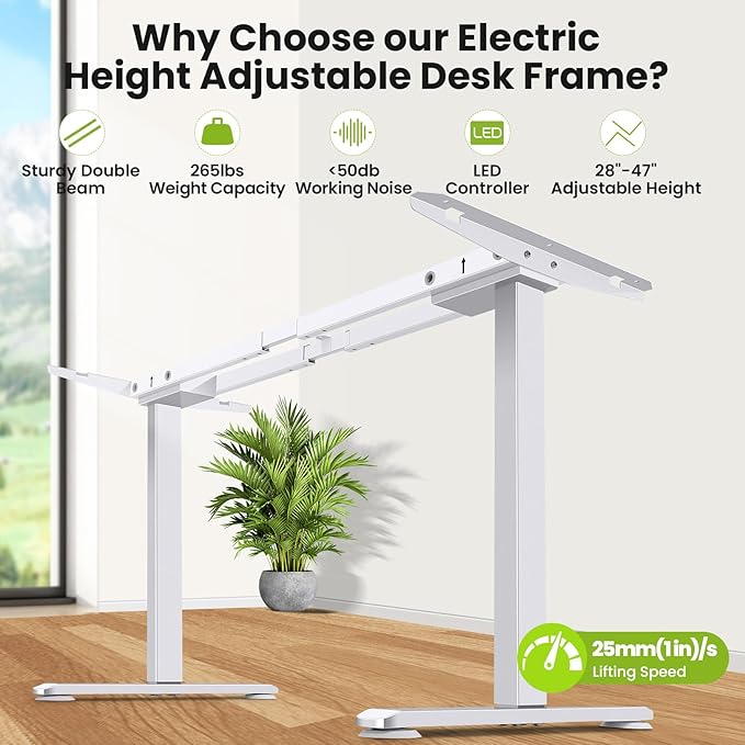 farexon Electric Standing Desk Frame with Cable Management Tray, Wheels & Hooks, Heavy Duty Dual Motor Stand Up Desk Dual-Beam Frame,265 lbs Capacity up to 78" x 40" Tops (White Frame Only)
