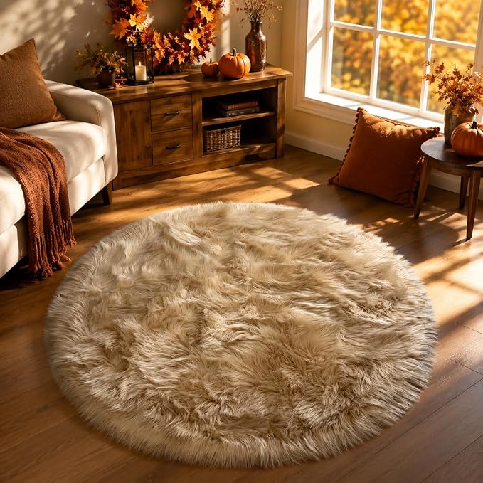 EasyJoy Faux Sheepskin Rug, Fluffy Faux Fur Rug, Ultra Soft Shag Area Rug with Non-Slip Backing for Bedroom, Living Room, Nursery, Kids Room(4 x 4 ft Round, Beige)