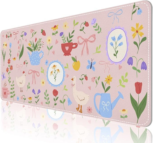 Desk Mat, Leather Desk Pad Blotter Protector, XXL Large Mouse Pad,Computer Laptop Mouse Pads for Desktop,Waterproof Writing Anti-Slip Mousepad for Office and Home I Pink Animals & Flowers