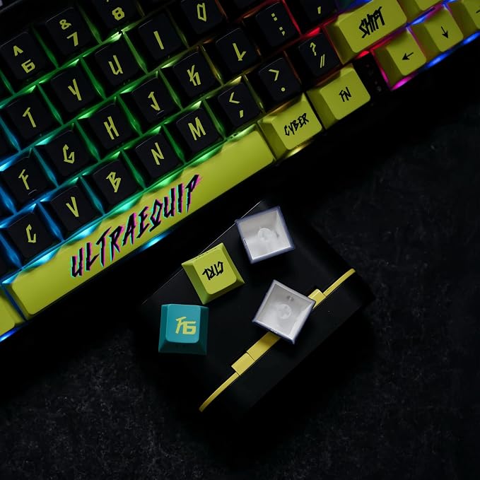 PBT Keycaps V2 Cyberpunk Keycaps Shine Through Side Printed Thick Cherry Profile 130 Keys Dye Sub Custom Set for ISO ANSI 60 65 75 100 Percent Mechanical Keyboard -Cyber Lemon v2
