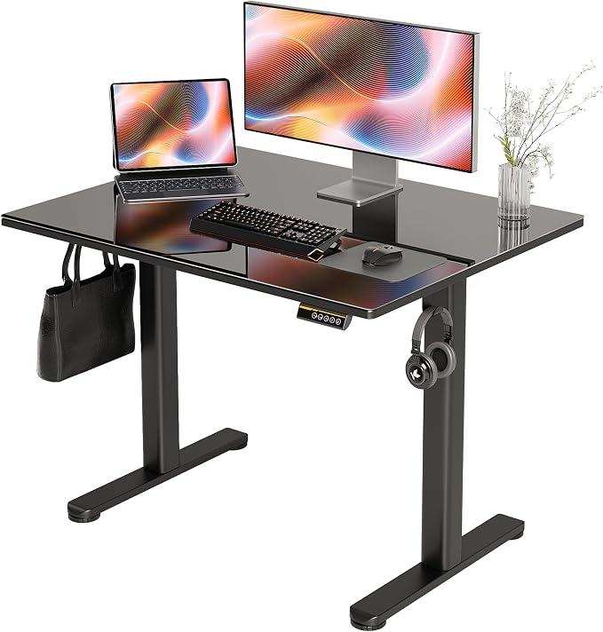 Claiks 40x24 Inch Black Glass Standing Desk | Adjustable Height, Tempered Glass Top, Stand Up, Quick Install, 3 Memory Presets