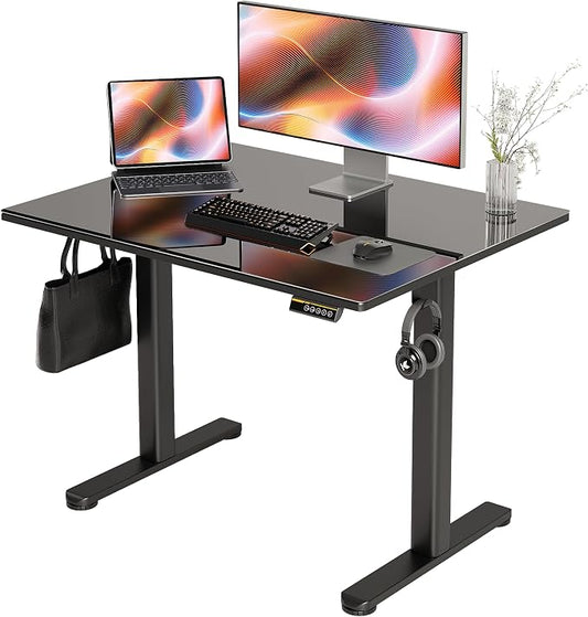 Claiks 40x24 Inch Black Glass Standing Desk | Adjustable Height, Tempered Glass Top, Stand Up, Quick Install, 3 Memory Presets
