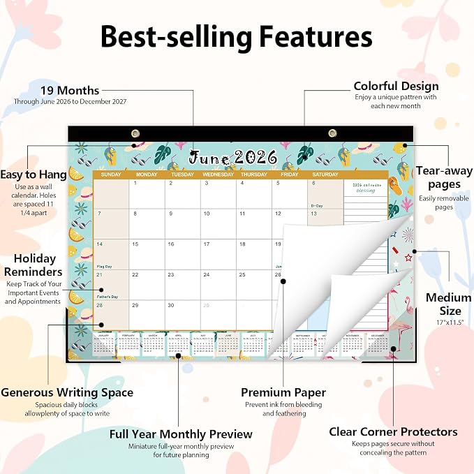 GuassLee Desk Calendar 2026-2027, Desktop Calendar Monthly Pages 17" x 11.5" Runs from Jun.2026 to Dec. 2027-19 Monthly Hanging Calendar with Corner Protectors for School, Home and Office