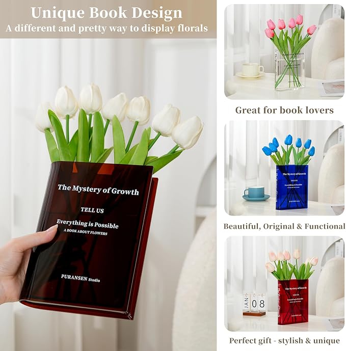 Puransen Brown Book-Shaped Vase for Flowers - Aesthetic Room Decor for Modern Home/Office, Minimalist Shelf Organizer with Floral Display, for Book Lovers & Interior Design Enthusiasts