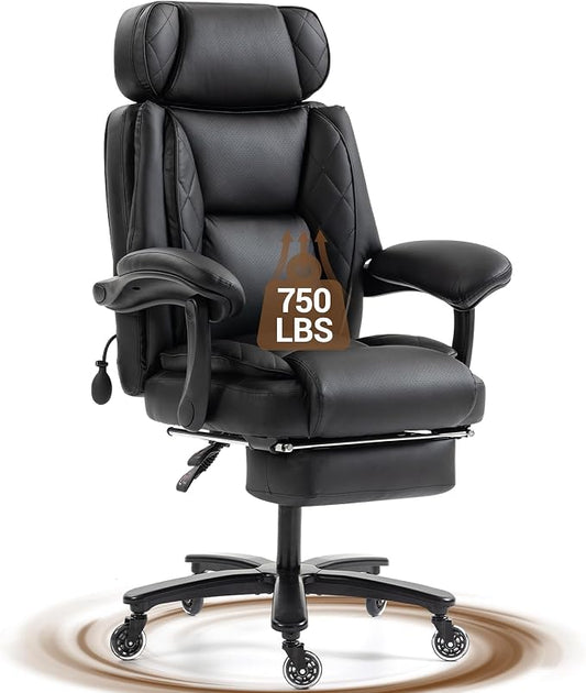 750 LBS Big and Tall Executive Home Office Chair w/Footrest, Black | PU leather, Built for Heavy People, Lumbar Airbag, High Back, Wide Seat, Reclining 90°-155°, Home Office Gaming Room
