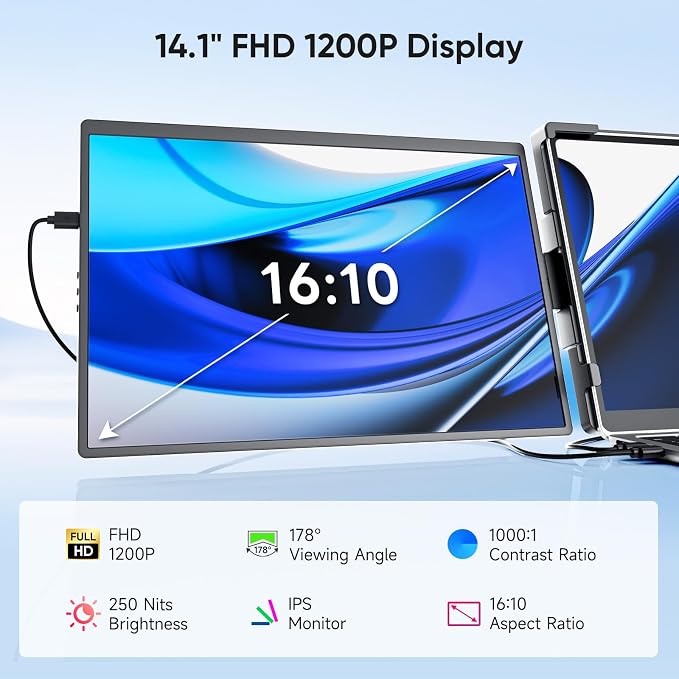 14" FHD 1200P IPS Laptop Screen Extender | Triple Portable Monitor, Plug & Play Dual Screen, Fits 14"-17.3" Laptops, Compatible with Win, Mac, Android&Chrome OS