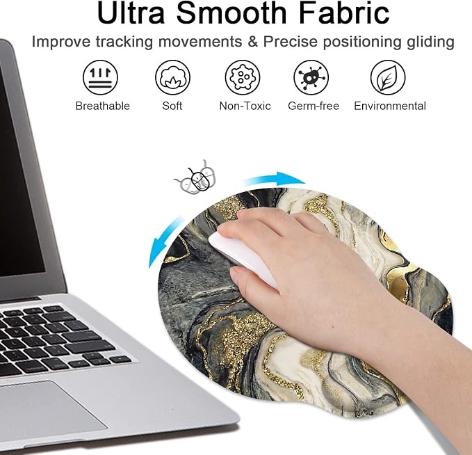 Britimes Marble Abstract Black Gold Glitter Ergonomic Mouse Pad Set with Wrist Rest Non-Slip Rubber Base Wrist Cushion Support and Coasters Mousepad with Wrist Support for Computer Keyboard and Desk