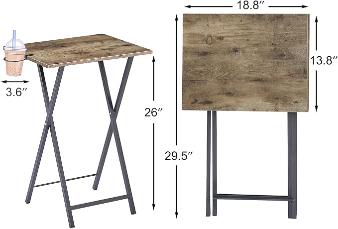 VECELO Folding TV Tray for Eating Set of 2, Portable Dinner/Snack Table with Cup Holder for Couch, Living Room and Small Space, Rustic Brown