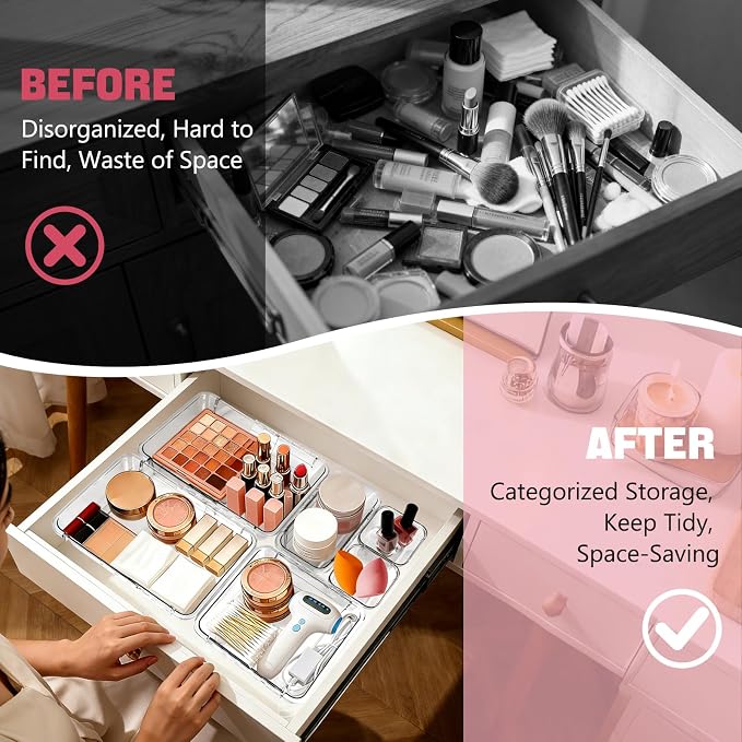 16 PCS Extendable Drawer Organizer Set Clear Stackable Vanity Storage Bins | 2-Size BPA-Free Acrylic Trays, Non-Slip Stackable Boxes for Makeup Cosmetics Office Desk Utensils Bathroom Dresser Countertop