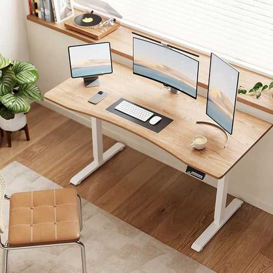Solid Wood Electric Standing Desk 55"x23.6"Home Office Desk,Adjustable Workbench with 3 Stages Single Motor, Computer Workstation with T-Shaped Metal Bracket,Natural Standing Desk for Gaming(1 Box)