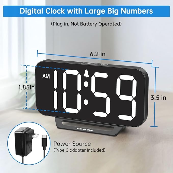 Peakeep Small Digital Alarm Clock for Bedrooms, Loud for Heavy Sleepers | Dimmable Plug in Electric Large Numbers Clock Battery Backup, Slim Clock for Table Office Modern Living Room (BW)