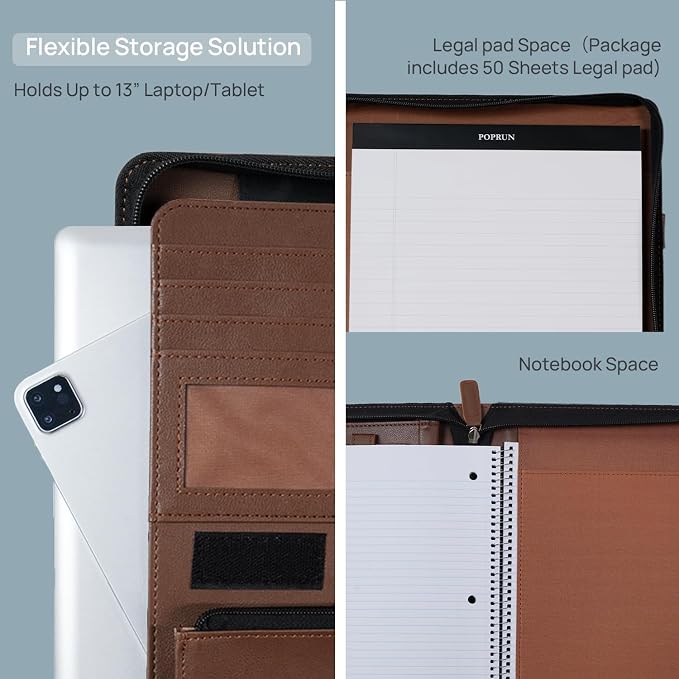 POPRUN Business Padfolio Folder, PU Leather Portfolio Binder with Writing Notebook, Tablet Sleeve, Card Slots and Pen Loop for Professionals, Interviews and Daily Work, Brown