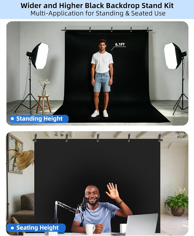 Hemmotop 8x7.5ft Black Backdrop Stand Kit, Seamless Black Background Screen with Portable T-Shape Stand for Photography Wedding Birthday Graduation Parties Banquet Decorations