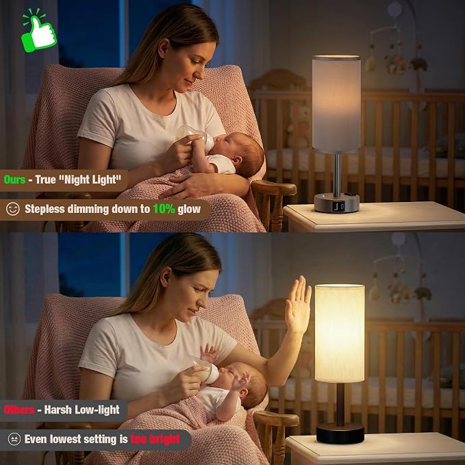 Touch Bedside Table Lamp with Memory - Stepless Dimmable Lamp for Bedroom, Small Nightstand Lamp with Dual USB Charging Ports and AC Outlet, Wood Night Light, Desk Lamp for Nursery (Grey & Grey)