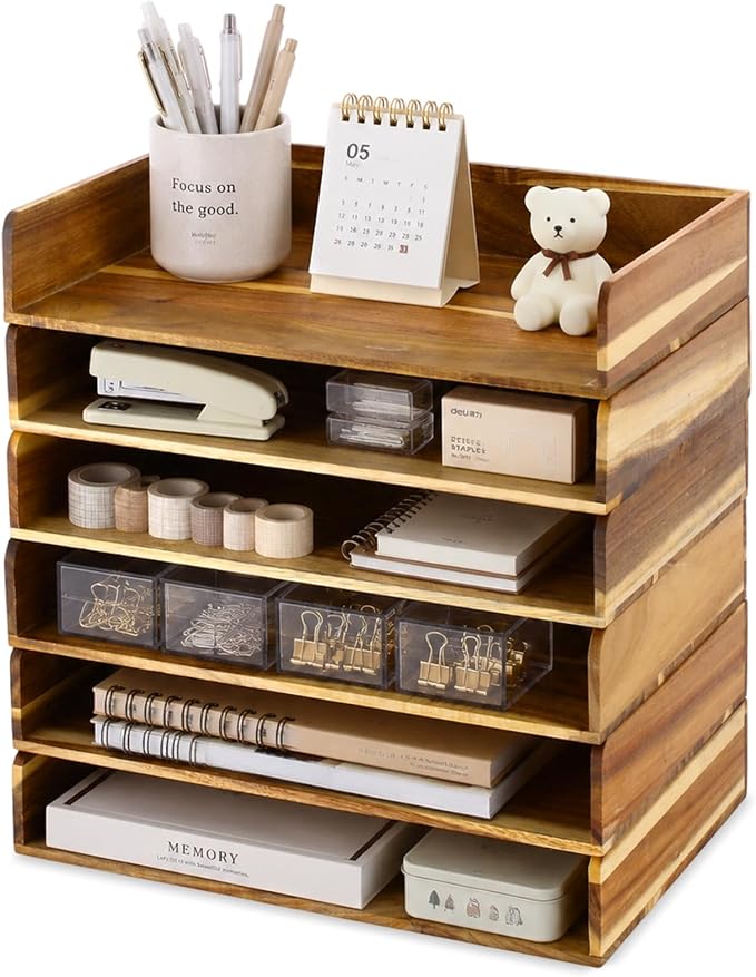 Novabright 6 Pcs Stackable Paper Organizer Tray Acacia Wood Desk Organizer Letter Tray Desktop Letter Size Office Wooden Desk Shelf Paper Holder Folder Organization Rack for File Document (Acacia)