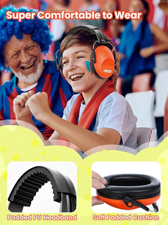 Ear Muffs for Noise Reduction: 27.4SNR Noise Cancelling Headphones for Kids Adults, EM100 Adjustable Hearing Protection Earmuffs for Monster Jam, Autism Sensory, Concerts, Fireworks Orange