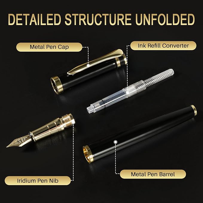Fountain Pen with Medium Nib | Luxury Black Finish, Smooth Ink Flow, Complete Set with Ink Cartridges, Converter & Sleeve | Ideal for Professionals, Office, Journaling, and Gifts