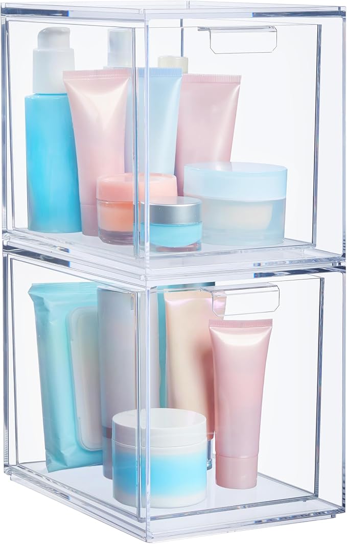 STORi Audrey Stackable Bin Clear Plastic Organizer Drawers | 2 Piece Set | Organize Cosmetics and Beauty Supplies on a Vanity | Made in USA