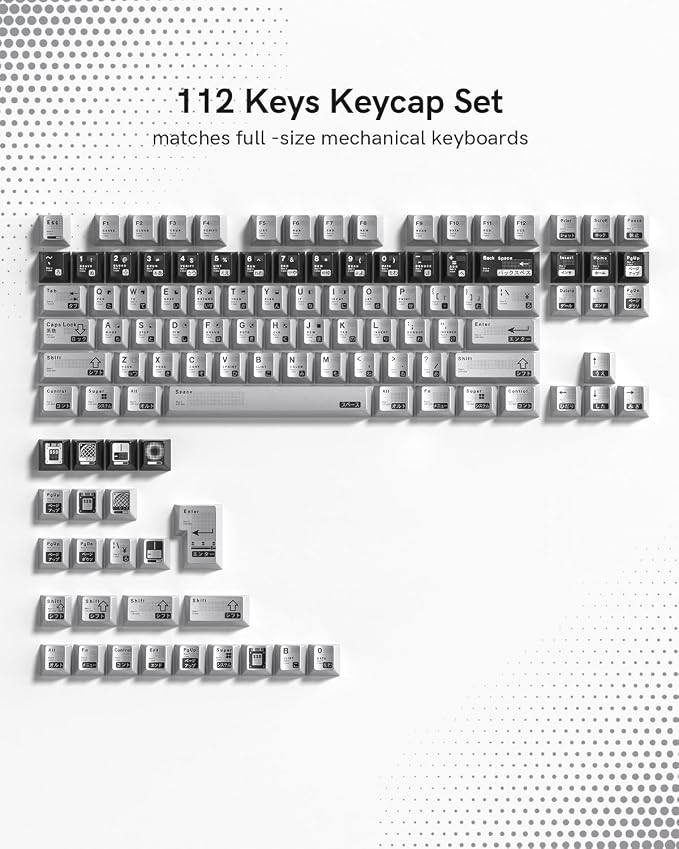 PBT Keycaps with Metal Paint, Janese Style 112-Key Black/Silver Custom Keycap Set dye Sublimation,Cherry Profile Key caps for 61/64/66/68/75/84/87 MX Switches Mechanical Keyboards