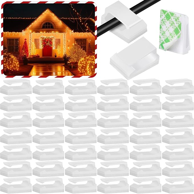 Hicarer 100 Pcs Christmas Light Clips Adhesive Hooks for Outdoor String Cable Wire Clips Adhesive Wire Management Cord Holder for The Wall, Under Desk, Car, Home and Office (Large, White)