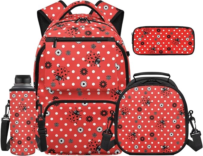 WELLFLYHOM 4 PCS Red Polka Dot Ladybug 17 Inch Backpack for Girls Ages 8-12 | Complete School Backpack Set with Matching Lunch Box, Pencil Case and Water Bottle Sleeve, Durable for Junior High Students