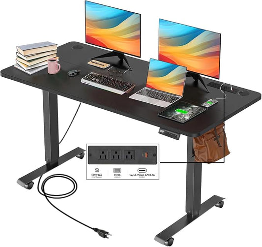 Electric Adjustable Height Standing Desk, 48×24 Inches Sit Stand Desk with Power Socket, 2 USB Ports, 3 Power Outlets, 4 Wheels,4 Memory Buttons Home Office Computer Workstations(Black)