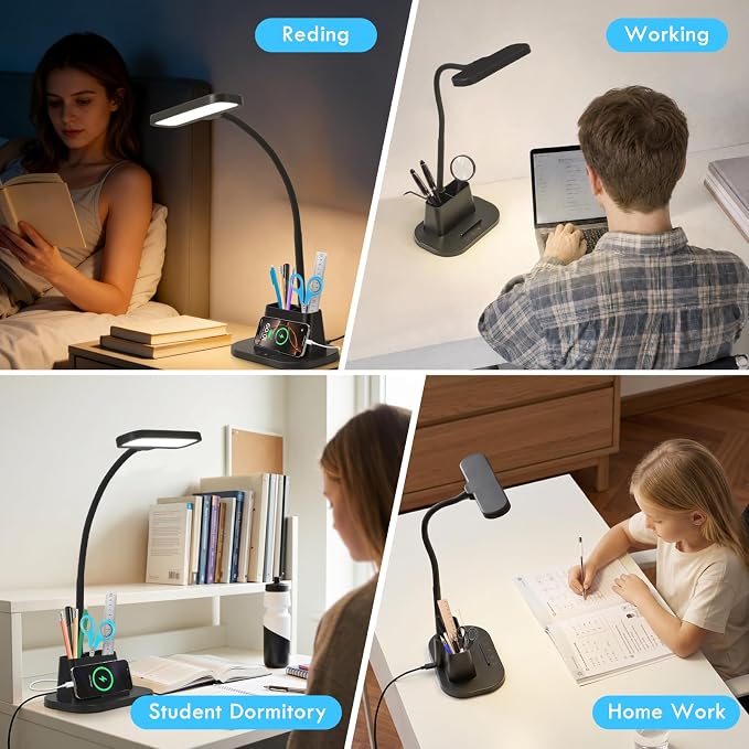 BOHON Desk Lamp for Home Office Reading Light with USB Charging Port Black | Small Desk Lamps with Pen Holder, 5 Color Modes 5 Brightness, Touch Gooseneck LED Table Lamp for Dorm Room Essentials Study