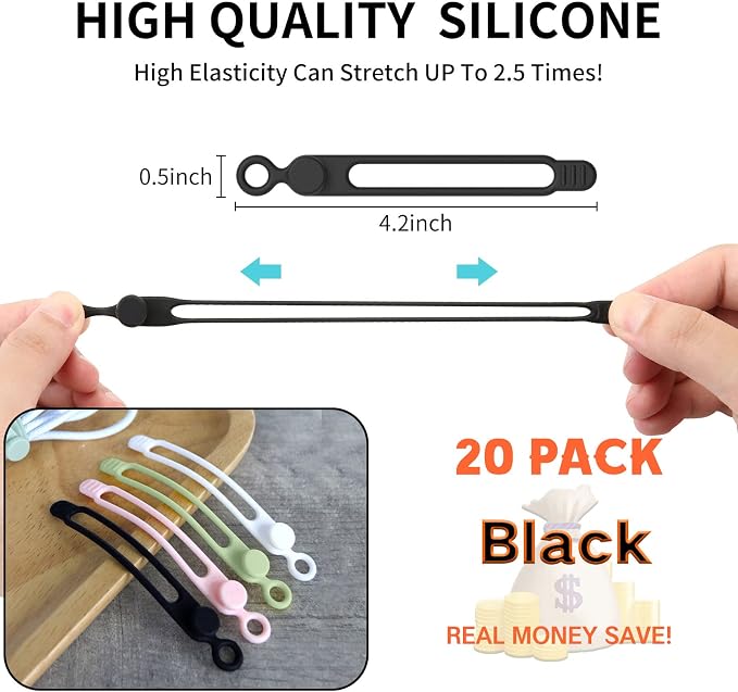[20Park]UMUST Silicone Cable Ties, Reusable Cable Management Organizer, Cord Tie,Multipurpose Elastic Cord Organizer for Bundling and Fastening Cable Cords Wires(black) | Reusable Cord Ties, Cable Strap Tie for Bundling Electronics Wire,Home Office Tra...